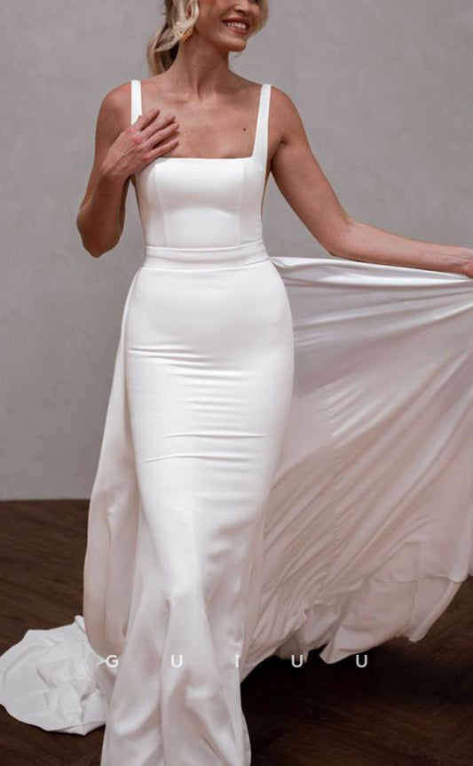 GW757 - Simple & Casual Mermaid Square Straps Long Wedding Dress with Sweep Train and Overlay