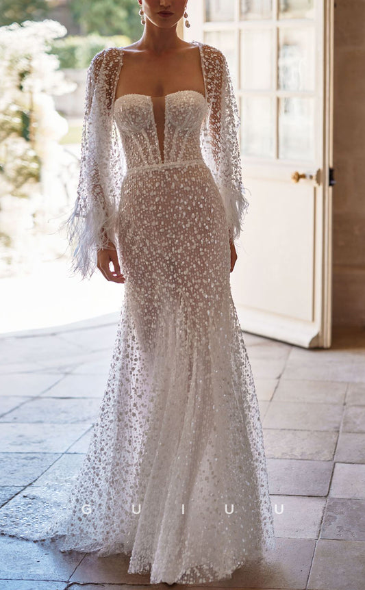 GW758 - Chic & Modern Sheath Sweetheart Fully Beaded and Sequined Long Boho Wedding Dress with Feather and Long Sleeves