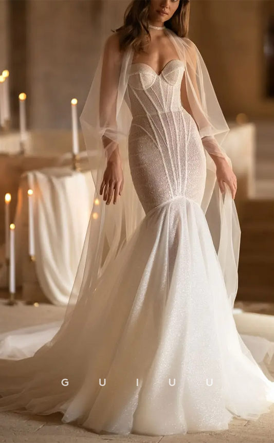 GW762 - Sexy & Hot Trumpet Sweetheart Fully Sequined and Beaded Wedding Dress with Halter and Overlay