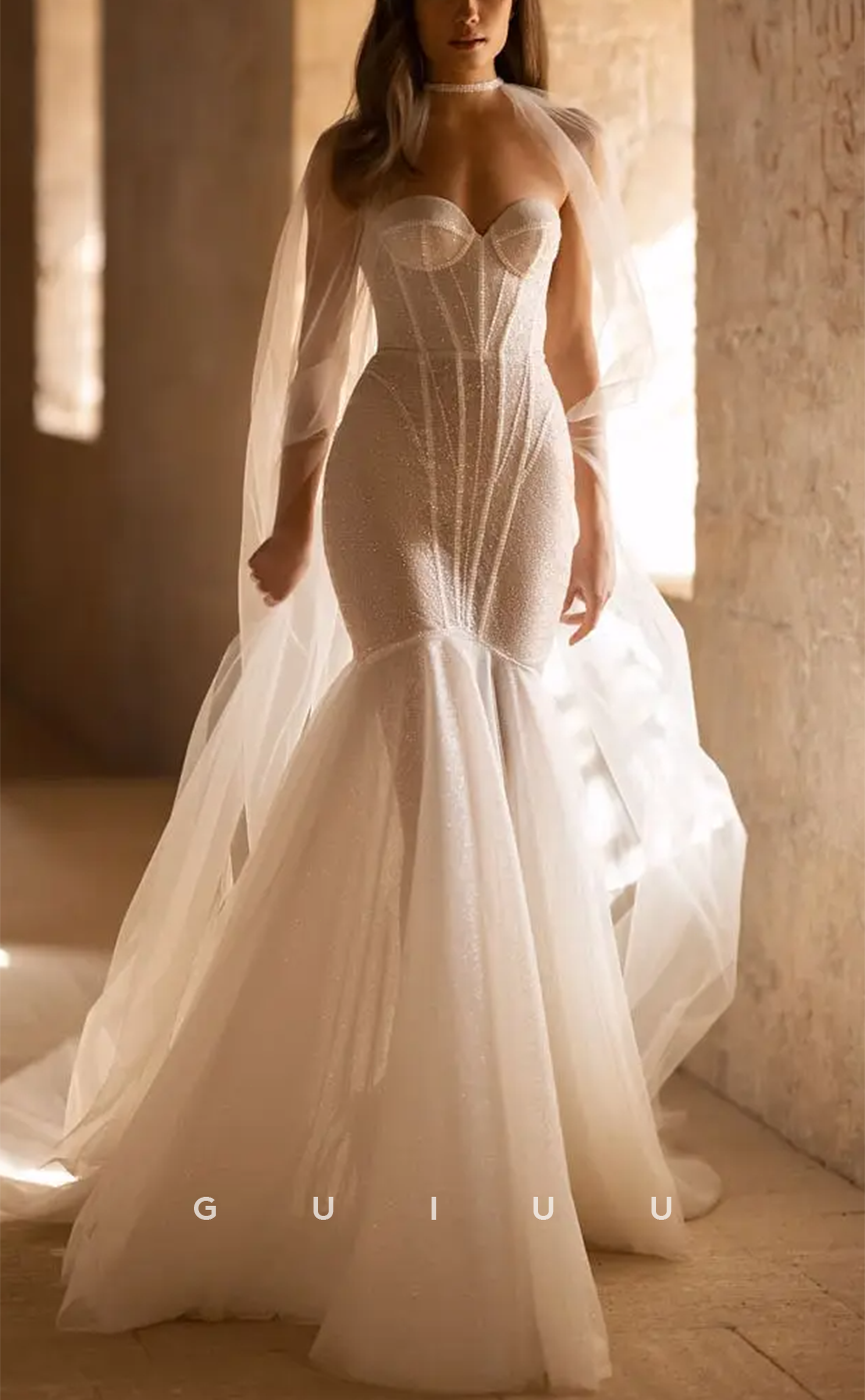 GW762 - Sexy & Hot Trumpet Sweetheart Fully Sequined and Beaded Wedding Dress with Halter and Overlay