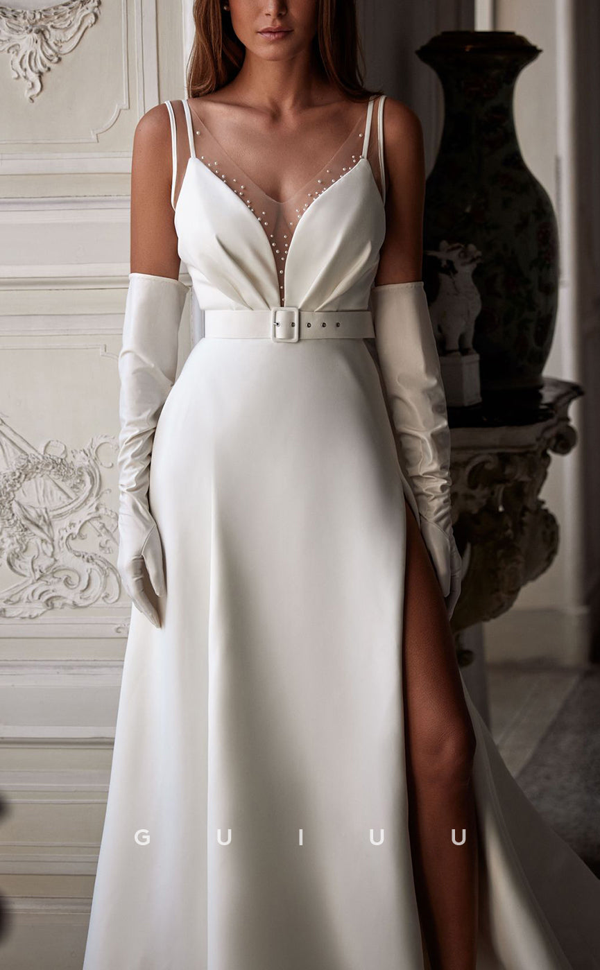 GW763 - Chic & Modern A-Line V-Neck Straps Pearls Long Gloves Sash Wedding Dress with High Side Slit and Sweep Train