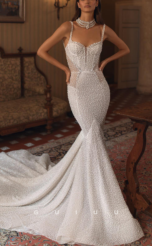 GW764 - Sexy & Hot Mermaid Sweetheart Straps Fully Beaded and Sequined Wedding Dress with Sweep Train