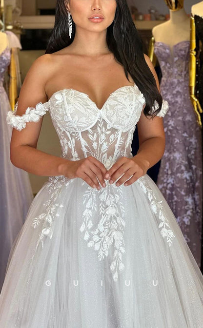 GW767 - Classic & Timeless A-Line Off Shoulder Floral Appliqued and Draped Wedding Dress