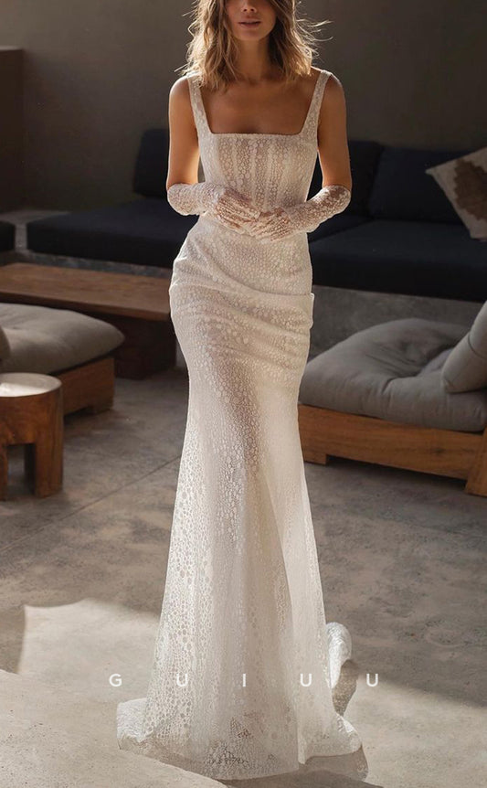 GW769 - Sexy & Hot Sheath Square Straps Allover Floral Lace Boho Wedding Dress with Long Gloves and Sweep Train