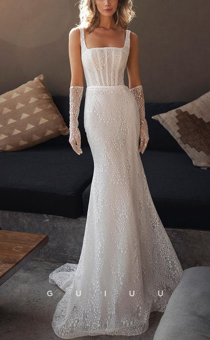 GW769 - Sexy & Hot Sheath Square Straps Allover Floral Lace Boho Wedding Dress with Long Gloves and Sweep Train