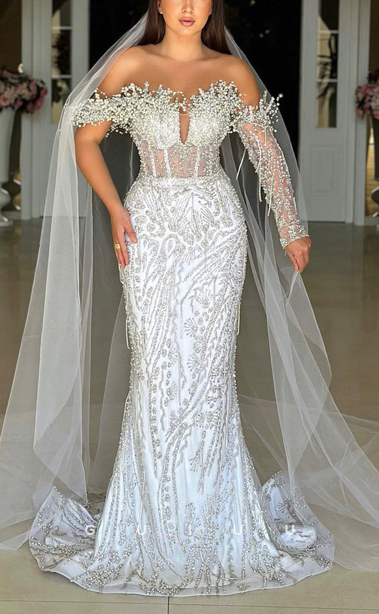 GW770 - Elegant & Luxurious Sheath Off Shoulder Fully Beaded Illusion Wedding Dress with Sweep Train