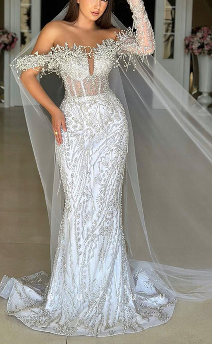 GW770 - Elegant & Luxurious Sheath Off Shoulder Fully Beaded Illusion Wedding Dress with Sweep Train