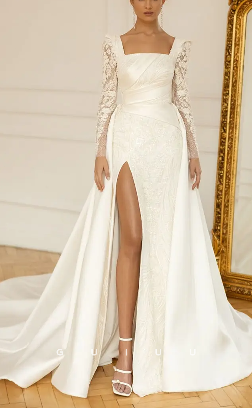 GW771 - Chic & Modern Sheath Square Lace Floral Embroidered and Sequined Draped Wedding Dress with High Side Slit and Overlay