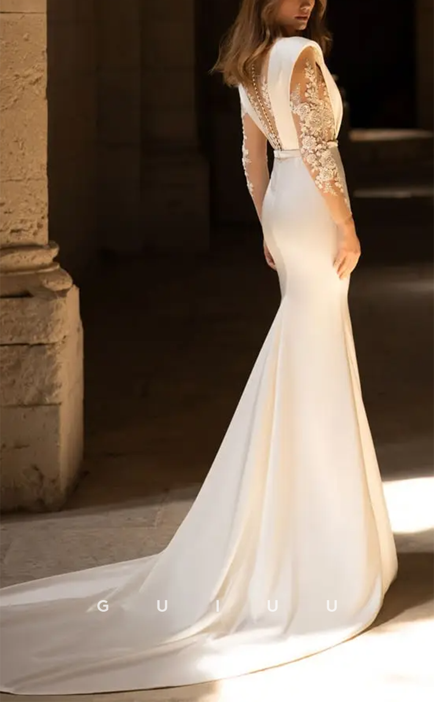 GW772 - Sexy & Hot Sheath Plunging V-Neck Illusion Floral Appliqued Boho Wedding Dress with Long Sleeves and Sweep Train