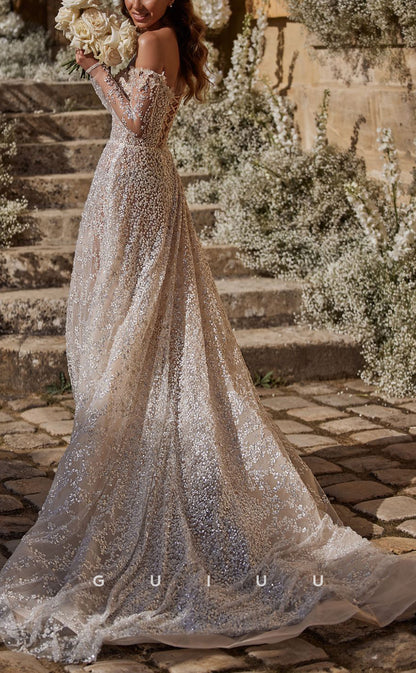 GW773 - Elegant & Luxurious A-Line Off Shoulder Floral Appliqued and Embossed Fully Beaded and Sequined Wedding Dress with Sweep Train