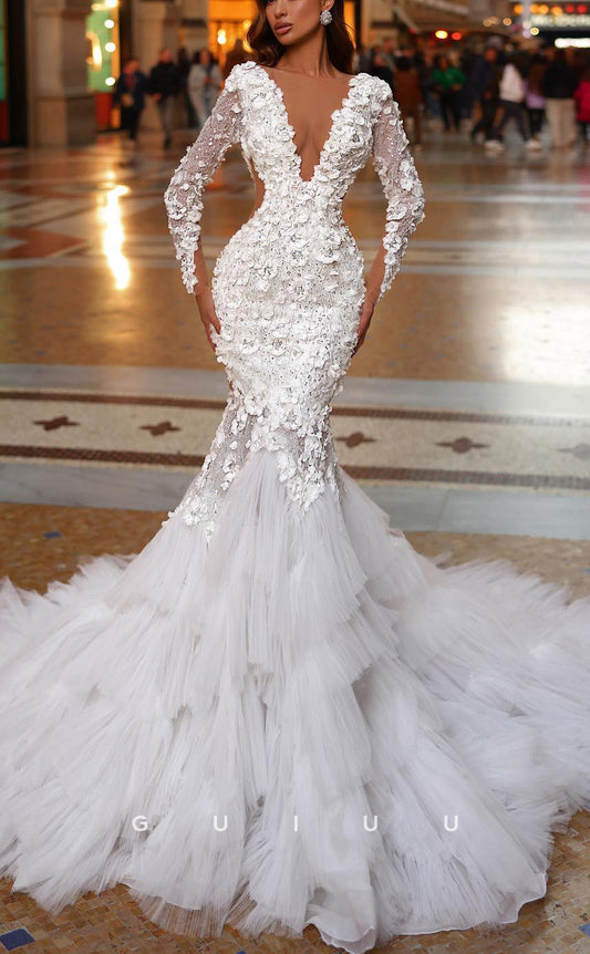 GW774 - Sexy & Hot Trumpet V-Neck Floral Embossed and Beaded Wedding Dress with Long Sleeves and Sweep Train