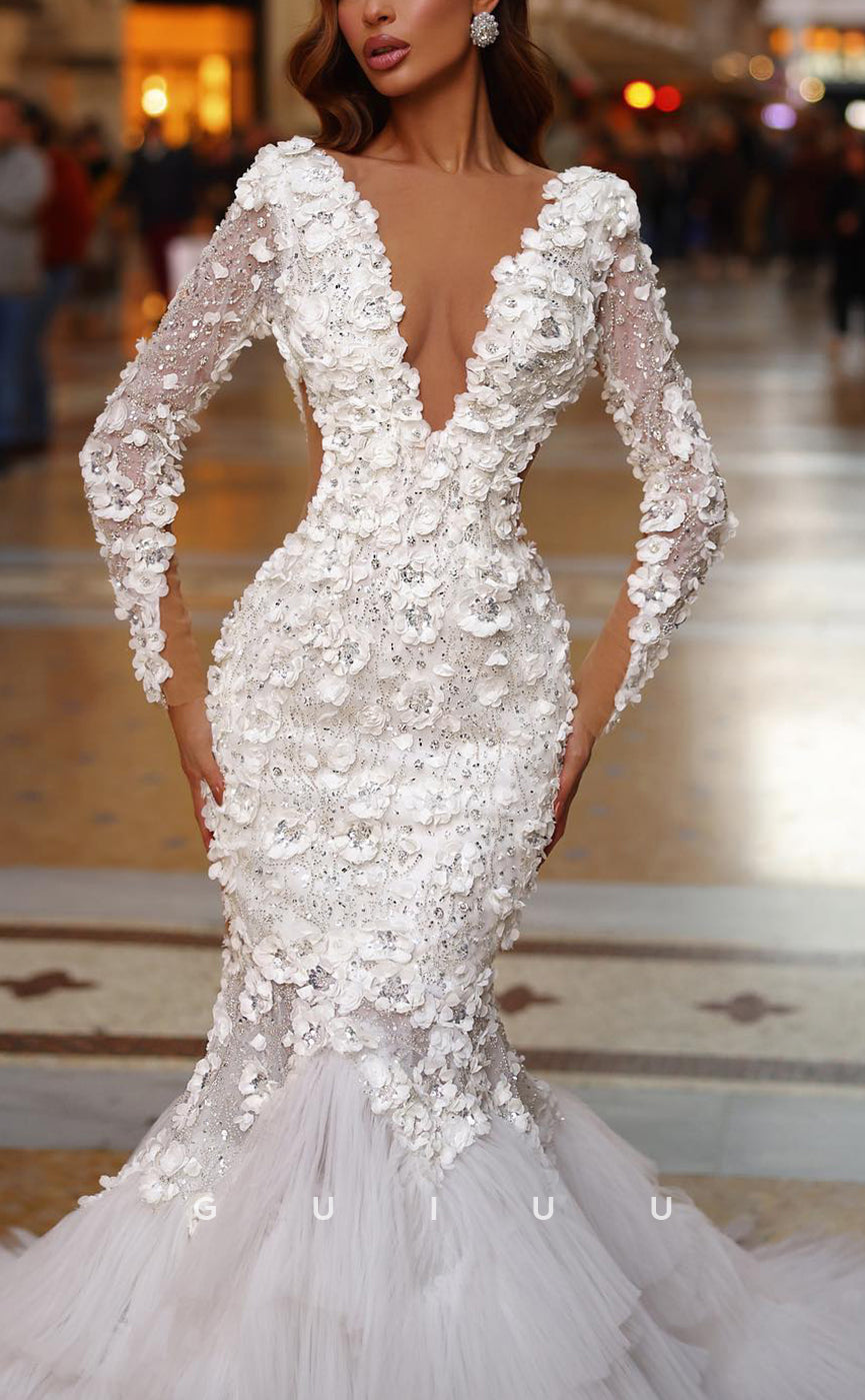 GW774 - Sexy & Hot Trumpet V-Neck Floral Embossed and Beaded Wedding Dress with Long Sleeves and Sweep Train
