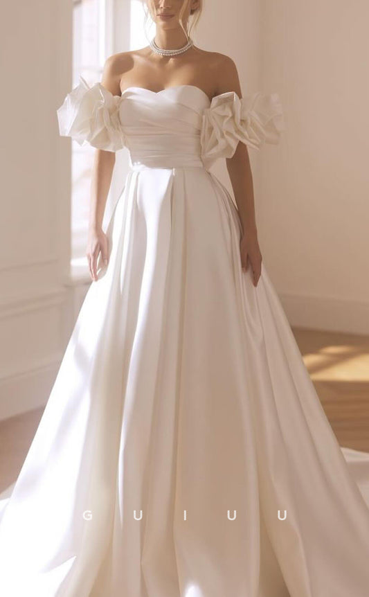 GW777 - Chic & Modern A-Line Off Shoulder Draped Wedding Dress with Ruffles and Sweep Train