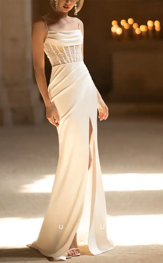 GW778 - Sexy & Hot Sheath Square Straps Floral Appliques and Beaded Draped Boho Wedding Dress with High Side Slit
