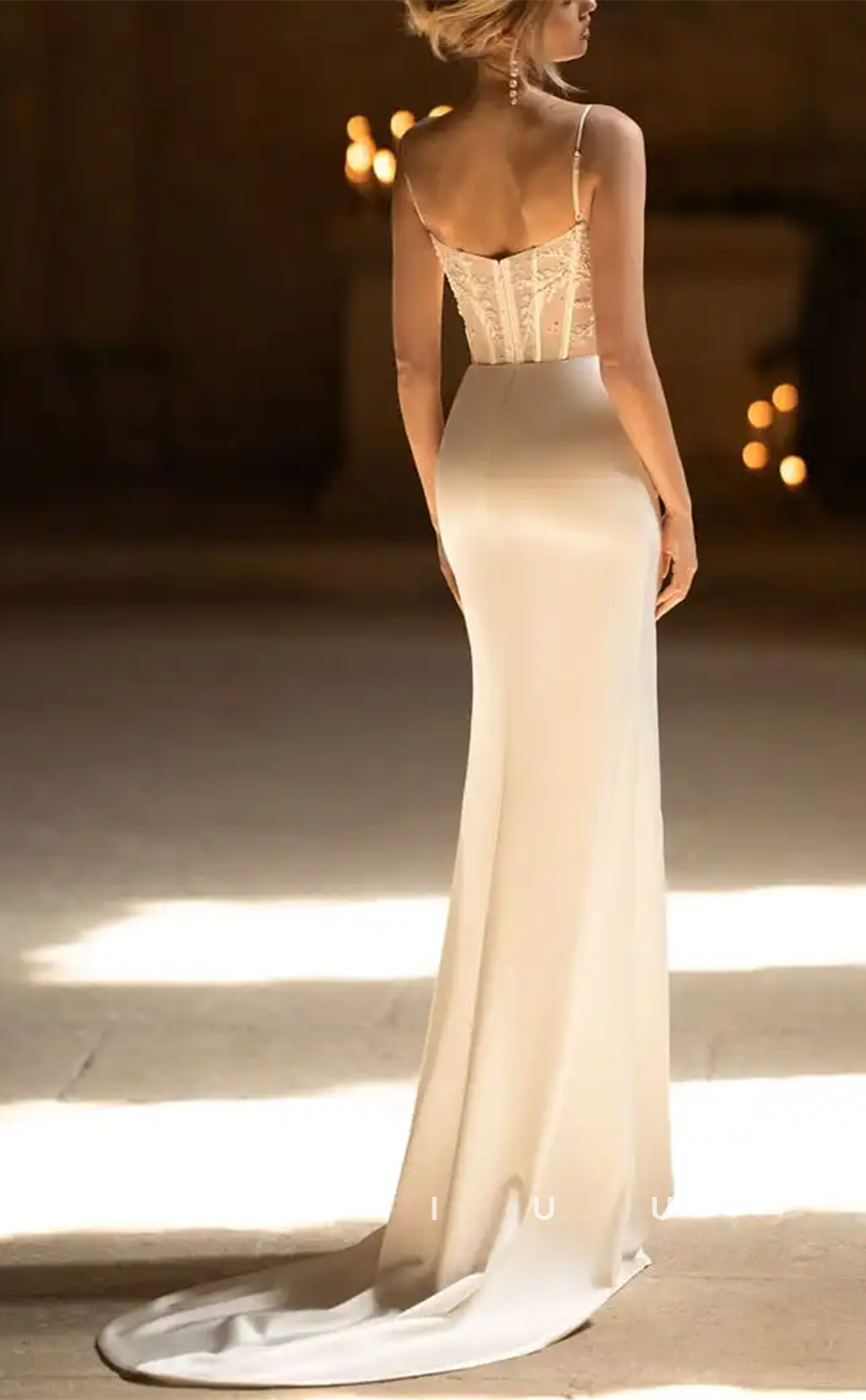 GW778 - Sexy & Hot Sheath Square Straps Floral Appliques and Beaded Draped Boho Wedding Dress with High Side Slit