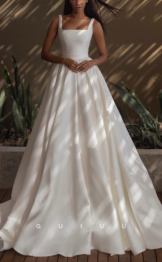 GW779 - Classic & Timeless A-Line Square Straps Draped Wedding Dress with Bowknot and Sweep Train