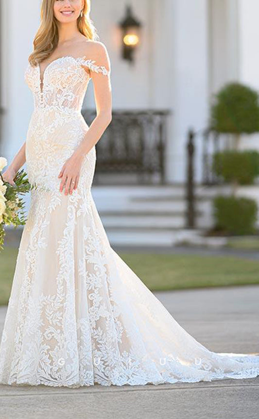GW781 - Sexy & Hot Mermaid Off Shoulder Floral Appliques Allover Lace Boho Wedding Dress with Sweep Train