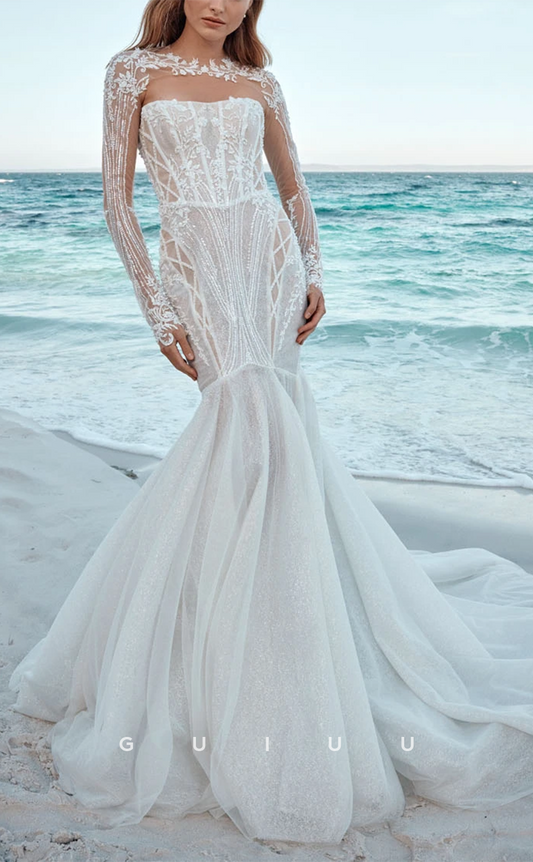 GW782 - Chic & Modern Trumpet Scoop Sequined Floral Appliqued and Beaded Wedding Dress with Long Sleeves and Sweep Train