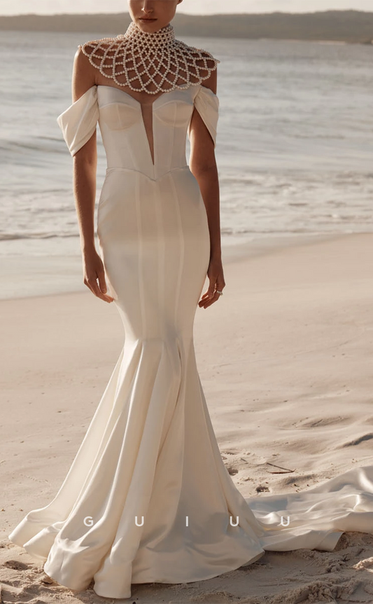 GW783 - Sexy & Hot Trumpet Off Shoulder Detachable Halter with Pearls Boho Wedding Dress with Sweep Train