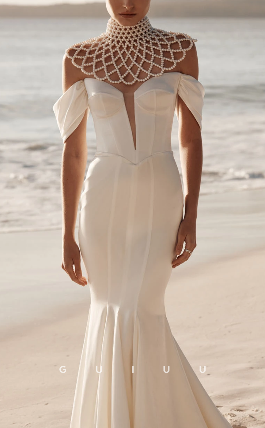 GW783 - Sexy & Hot Trumpet Off Shoulder Detachable Halter with Pearls Boho Wedding Dress with Sweep Train