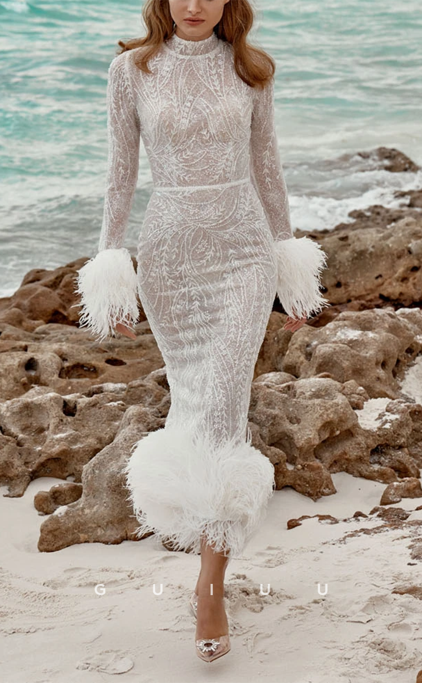 GW785 - Sexy & Hot Sheath High Neck Fully Sequined and Appliqued Ankle-Length Boho Wedding Dress with Long Sleeves and Feather