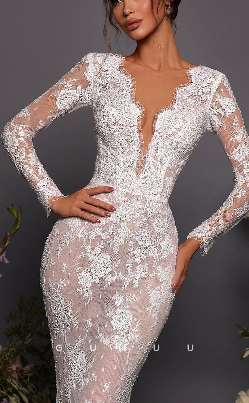 GW786 - Sexy & Hot Mermaid V-Neck Floral Embroidered Illusion Wedding Dress with Long Sleeves and Sweep Train