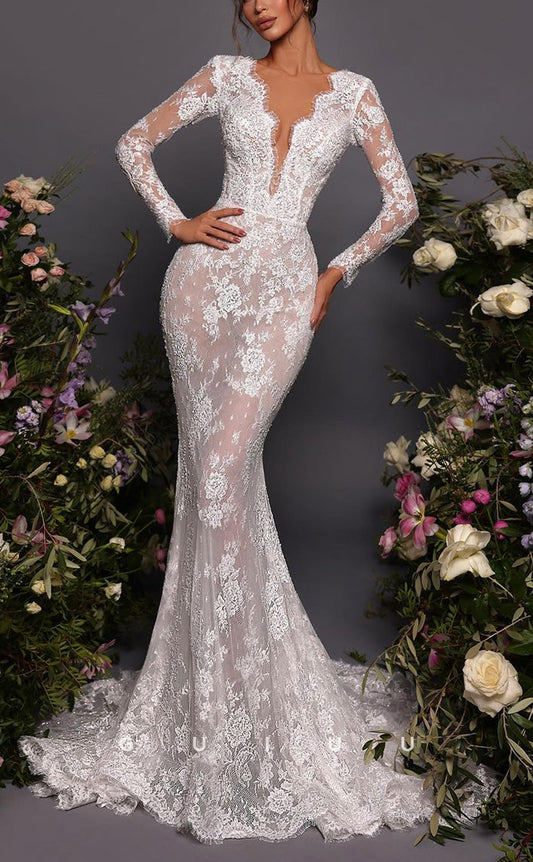 GW786 - Sexy & Hot Mermaid V-Neck Floral Embroidered Illusion Wedding Dress with Long Sleeves and Sweep Train