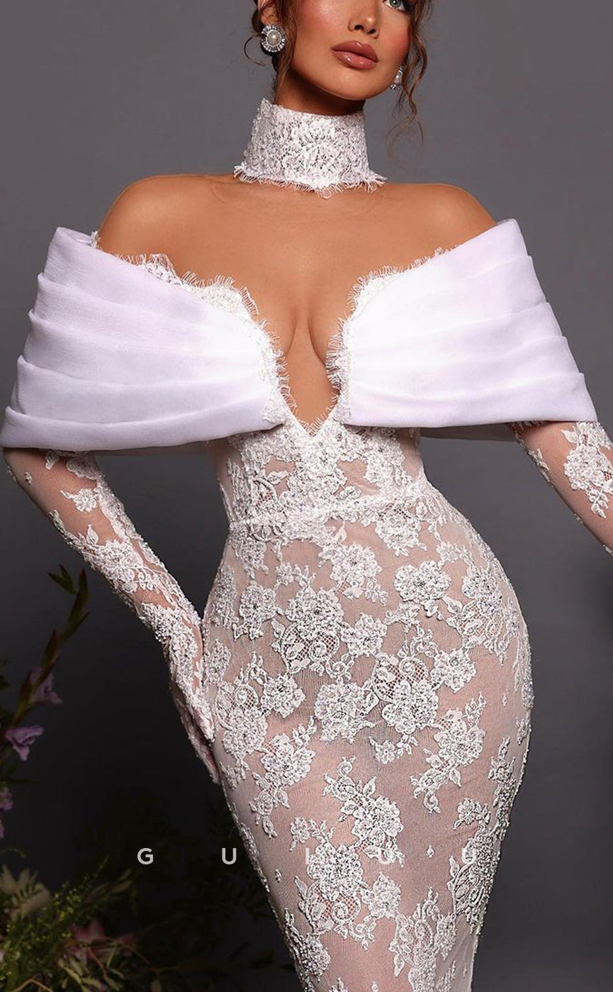 GW787 - Sexy & Hot Sheath Off Shoulder Halter Floral Appliqued and Embroidered Lace Wedding Dress with Long Gloves and Sweep Train
