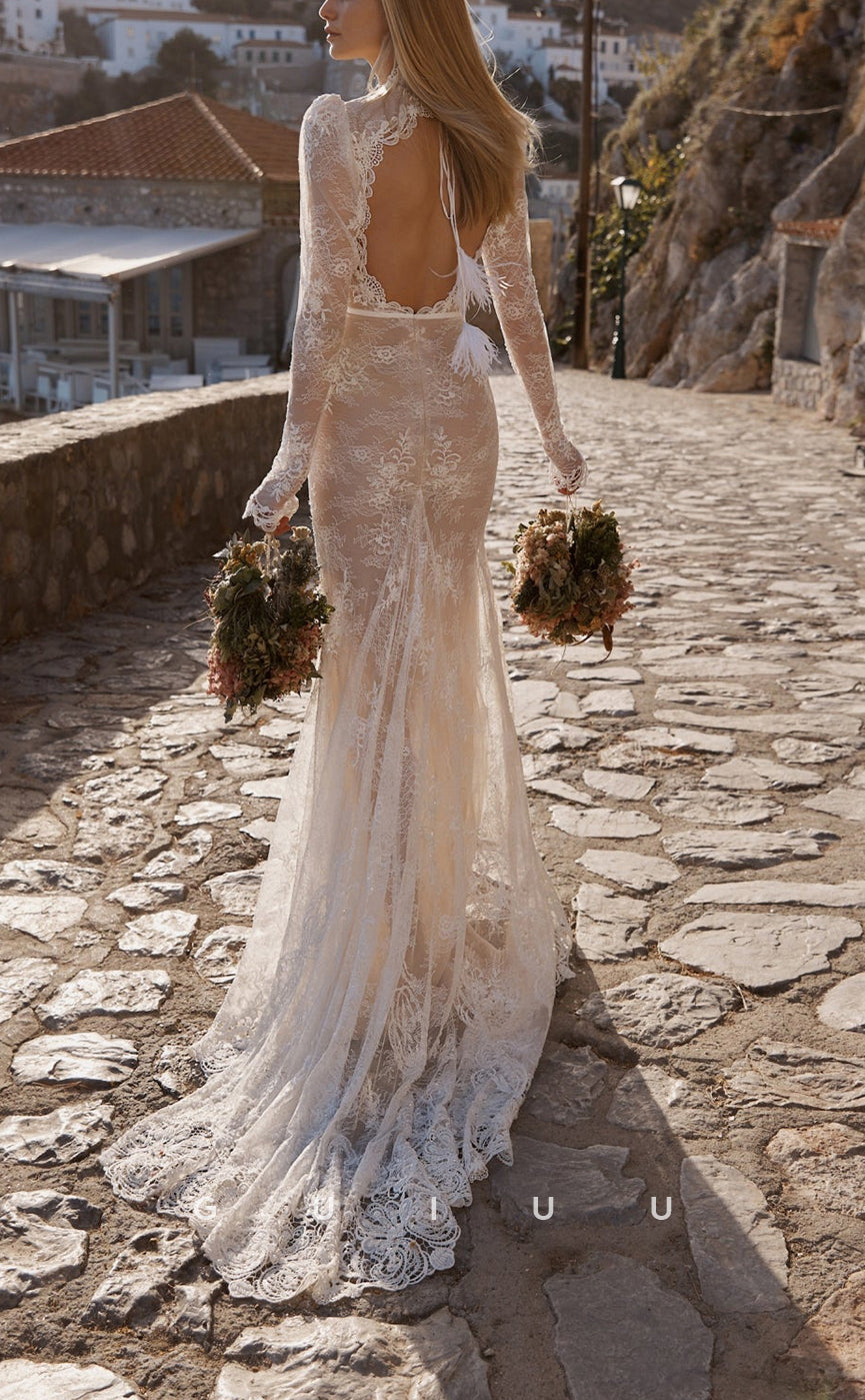 GW791 - Chic & Modern Sheath V-Neck Floral Appliqued and Embroidered Boho Wedding Dress with Long Sleeves and Open Back