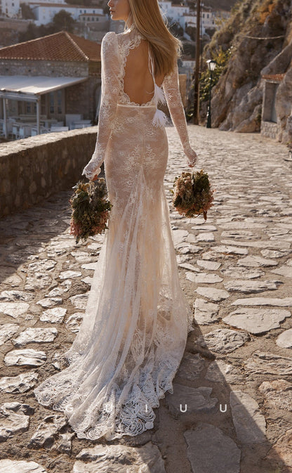 GW791 - Chic & Modern Sheath V-Neck Floral Appliqued and Embroidered Boho Wedding Dress with Long Sleeves and Open Back