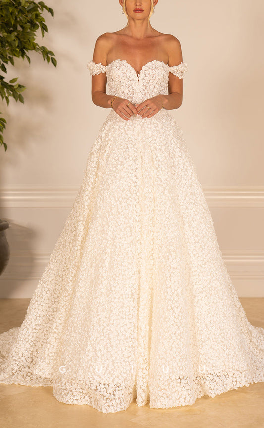 GW793 - Classic & Timeless A-Line Off Shoulder Fully Floral Appliqued and Draped Wedding Dress with Sweep Train
