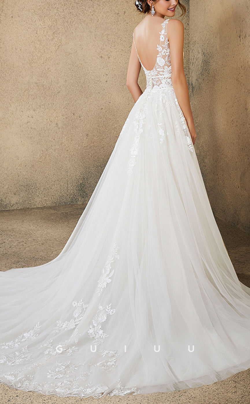 GW794 - Chic & Modern A-Line V-Neck Floral Appliqued and Draped Boho Wedding Dress