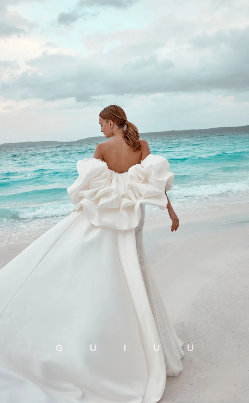 GW796 - Chic & Modern Sheath Sweetheart Floral Appliqued Boho Wedding Dress with Overlay