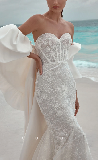 GW796 - Chic & Modern Sheath Sweetheart Floral Appliqued Boho Wedding Dress with Overlay