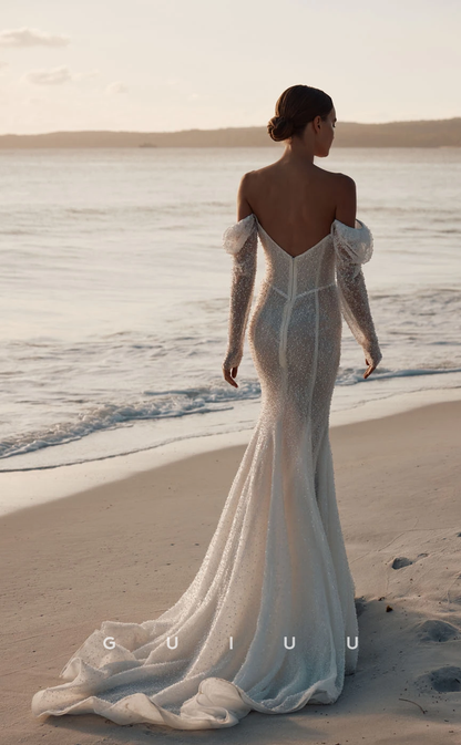 GW797 - Sexy & Hot Sheath Off Shoulder Fully Beaded Boho Wedding Dress with Long Sleeves and Sweep Train