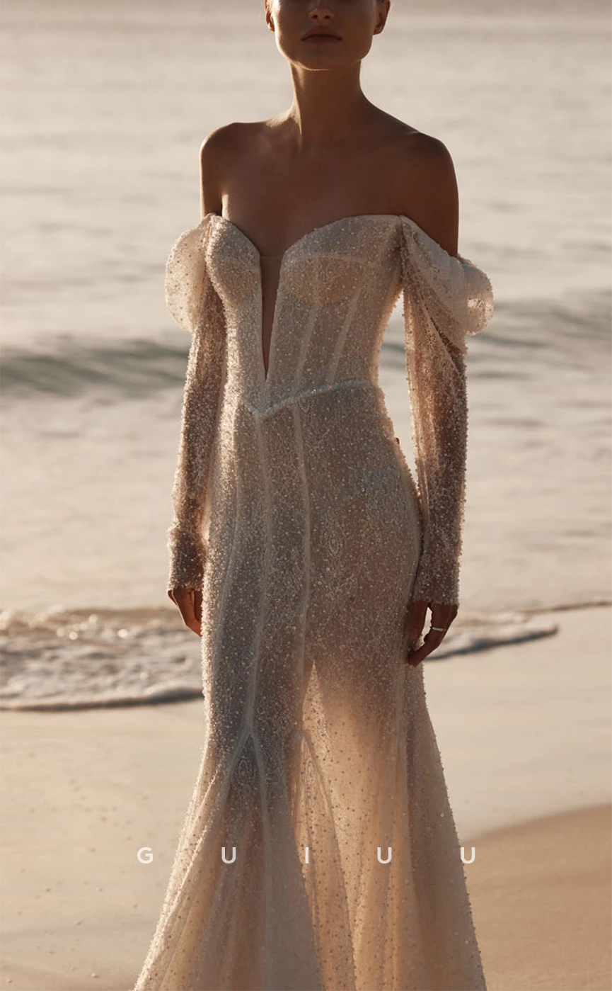 GW797 - Sexy & Hot Sheath Off Shoulder Fully Beaded Boho Wedding Dress with Long Sleeves and Sweep Train