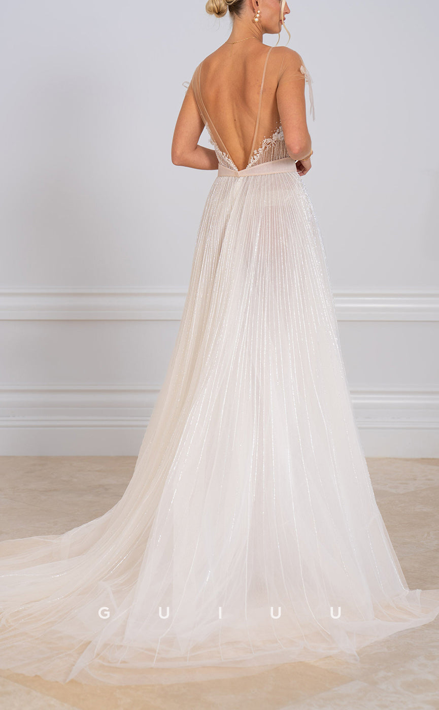 GW798 - Chic & Modern A-Line Bateau Illusion Fully Sequined and Floral Beaded Draped Wedding Dress with Bows