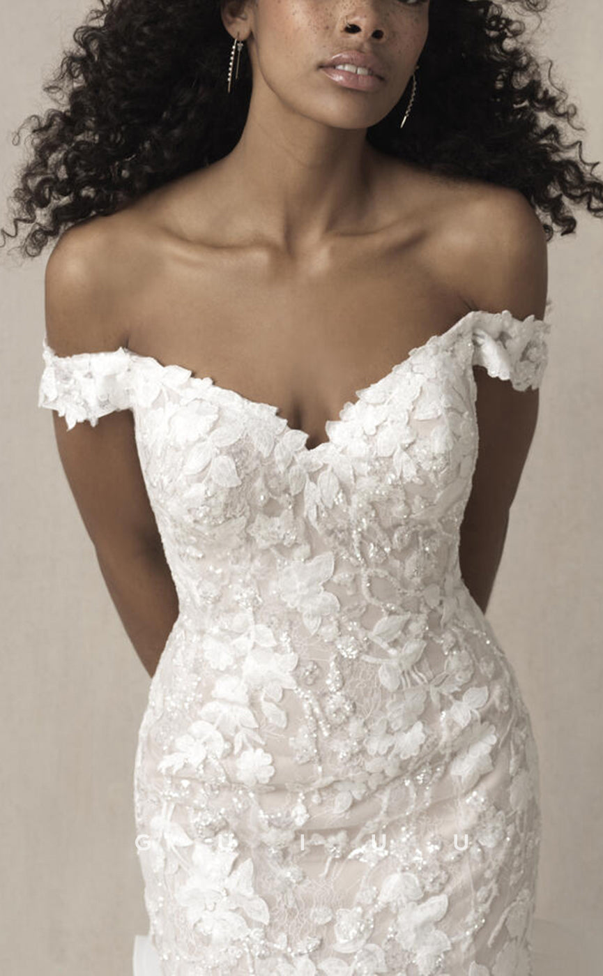 GW799 - Sexy & Hot Trumpet Off Shoulder Fully Floral Appliqued and Sequined Wedding Dress with Ruffles