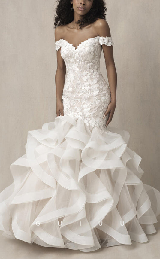 GW799 - Sexy & Hot Trumpet Off Shoulder Fully Floral Appliqued and Sequined Wedding Dress with Ruffles