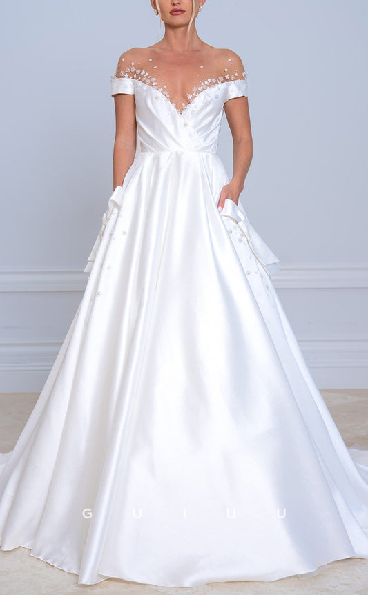 GW801- Classic & Modern A-Line Bateau Illusion Floral Embroidered and Draped Wedding Dress with Sweep Train