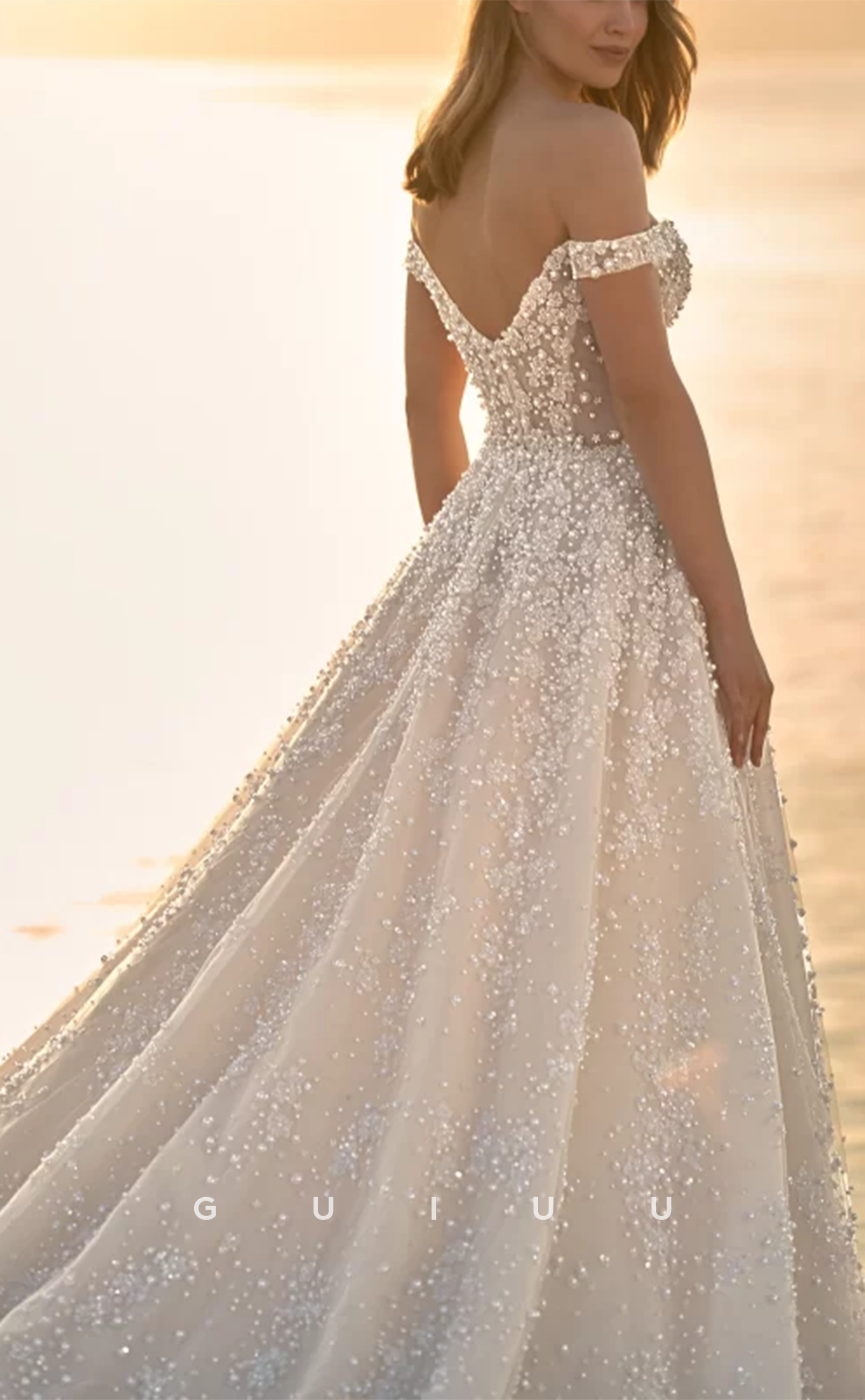 GW802 - Classic & Timeless A-Line Off Shoulder Fully Beaded and Floral Embossed Wedding Dress with Pleats