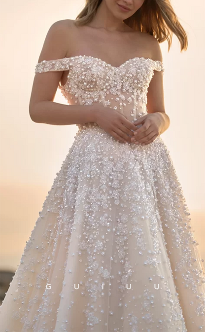 GW802 - Classic & Timeless A-Line Off Shoulder Fully Beaded and Floral Embossed Wedding Dress with Pleats