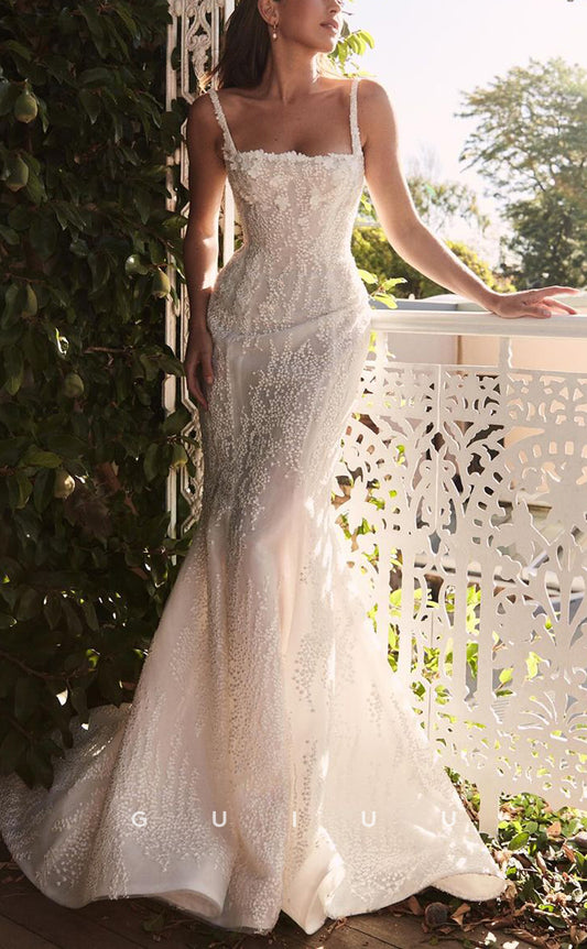 GW803 - Chic & Modern Sheath Square Straps Fully Beaded and Floral Embossed Boho Wedding Dress