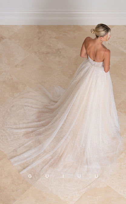 GW804 - Classic & Timeless A-Line V-Neck Straps Fully Sequined and Draped Wedding Dress with Sweep Train