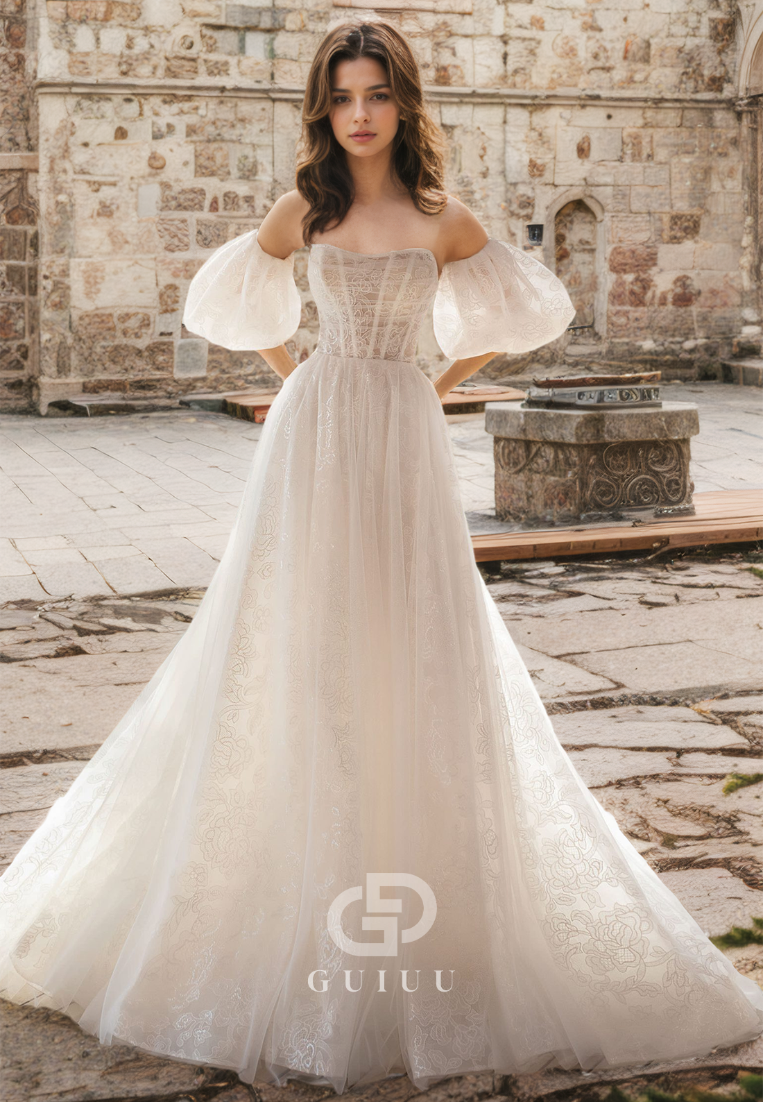 Gorgeous Off-Shoulder Short Sleeves Corset Tulle Sweep Train Lace Wedding Dress