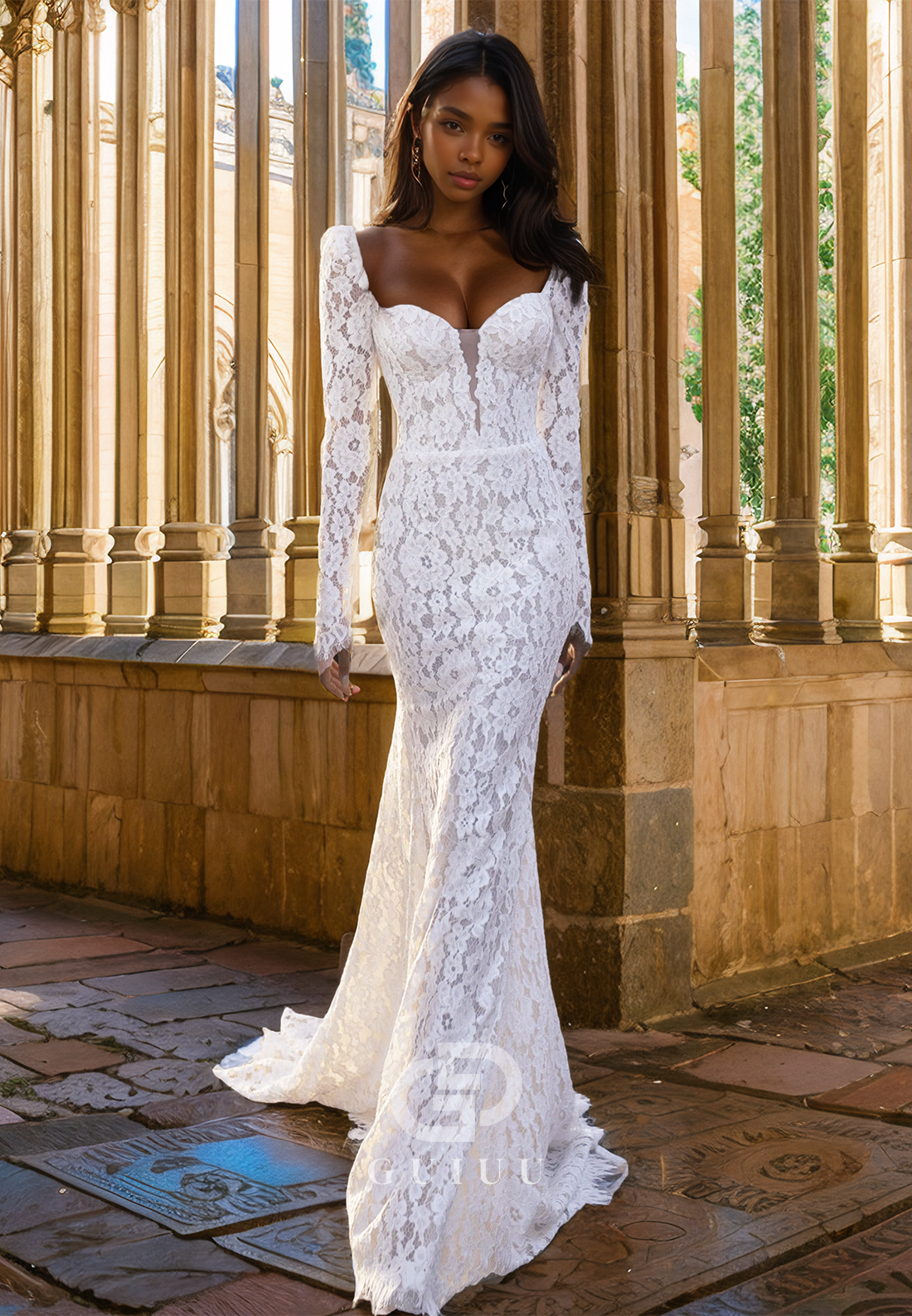 Mermaid Long Sleeves Sweetheart Floral Appliques Empire-Waist Boho Wedding Dress