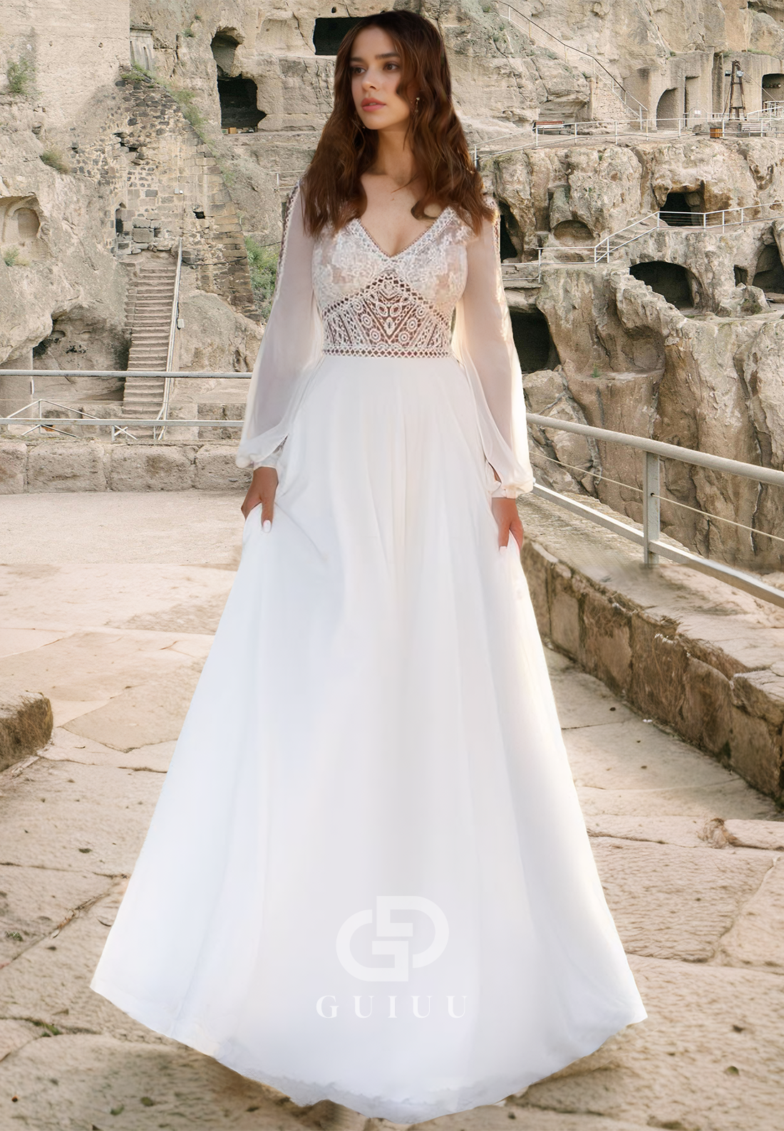 Elegant Long Sleeves V-Neck Corset Tulle Empire-Waist Backless Boho Wedding Dress