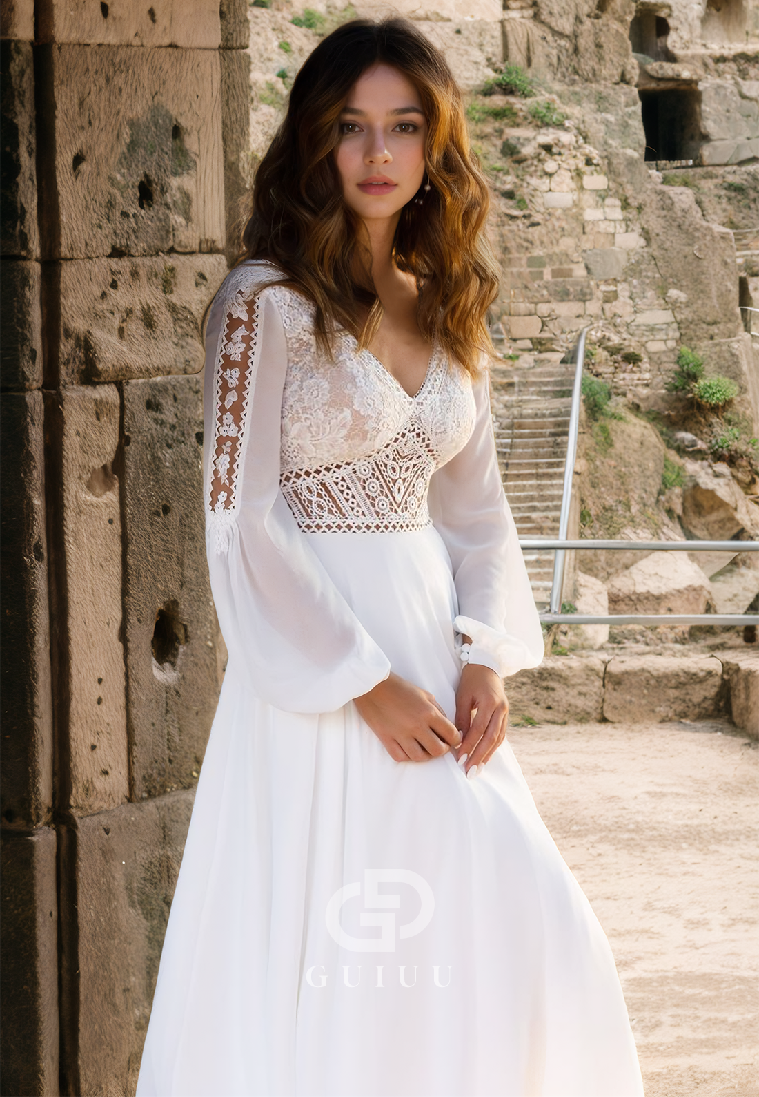 Elegant Long Sleeves V-Neck Corset Tulle Empire-Waist Backless Boho Wedding Dress