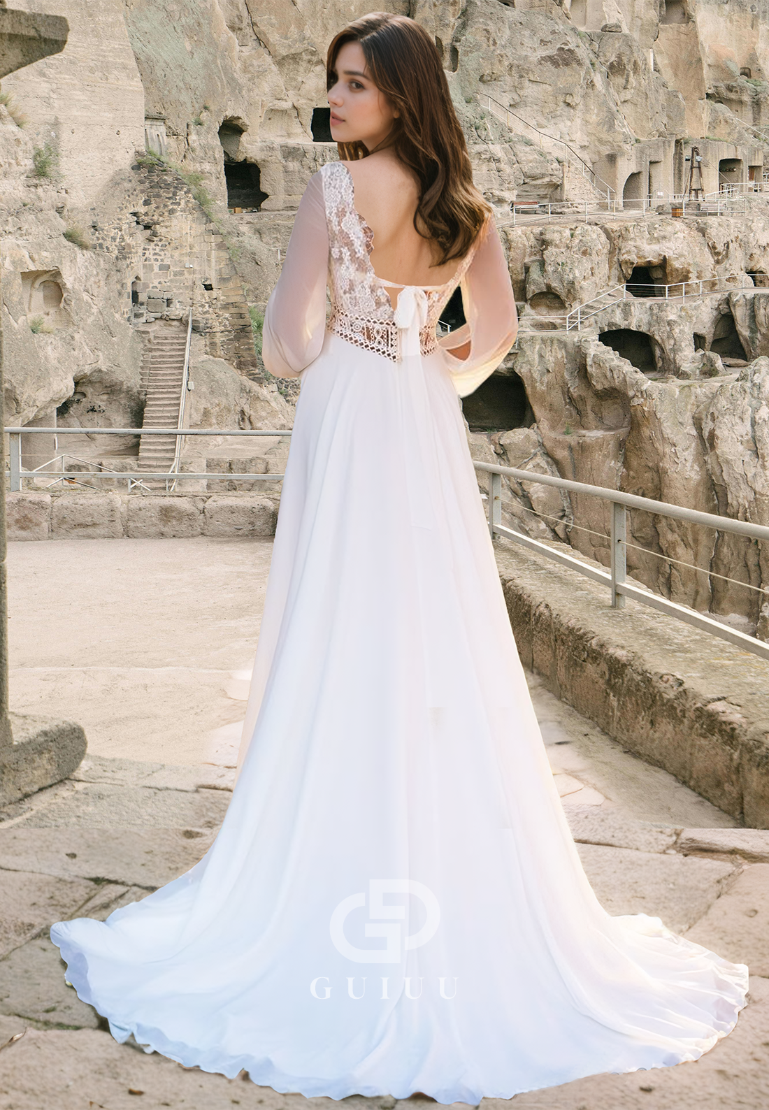Elegant Long Sleeves V-Neck Corset Tulle Empire-Waist Backless Boho Wedding Dress