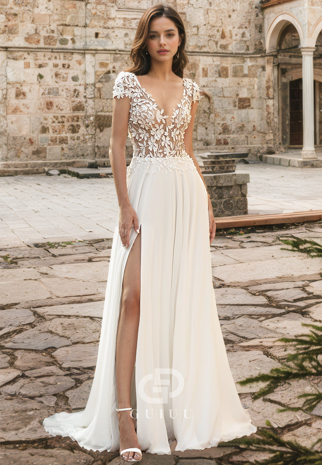 Gorgeous Short Sleeves V-Neck Corset Tulle Side Slit Backless Romantic Wedding Dress